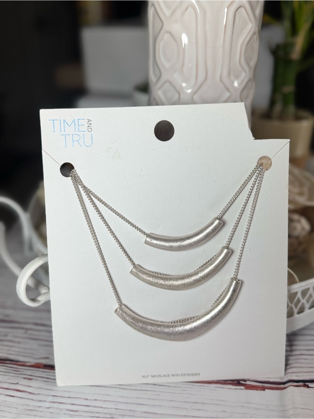 Time and Tru Silver Triple Layer Curved Bar Necklace